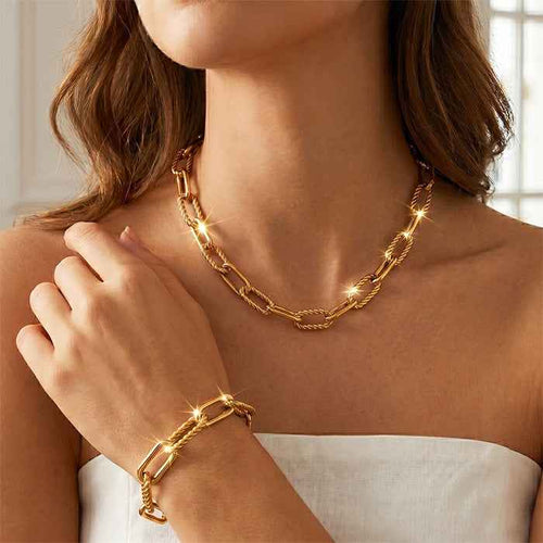 2Pcs Chunky Paperclip Chain Jewelry Set For Women, 18K Gold Plated Stainless Steel Thick Twist Rope Link Necklace Bracelet Combo, Statement Gift Set