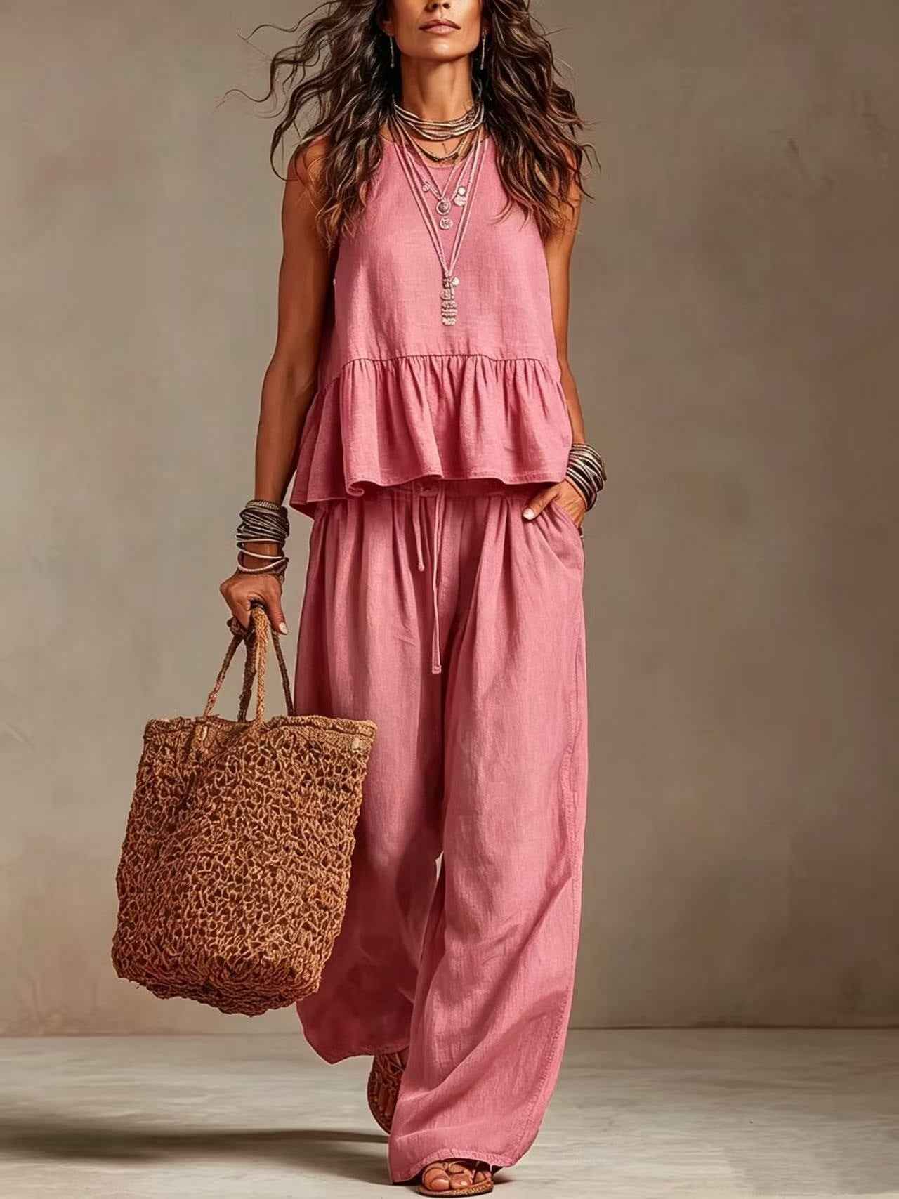V-Neck Ruffle Hem Sleeveless Crop Top & High Waist Wide Leg Linen Pants Two Piece Outfit Set