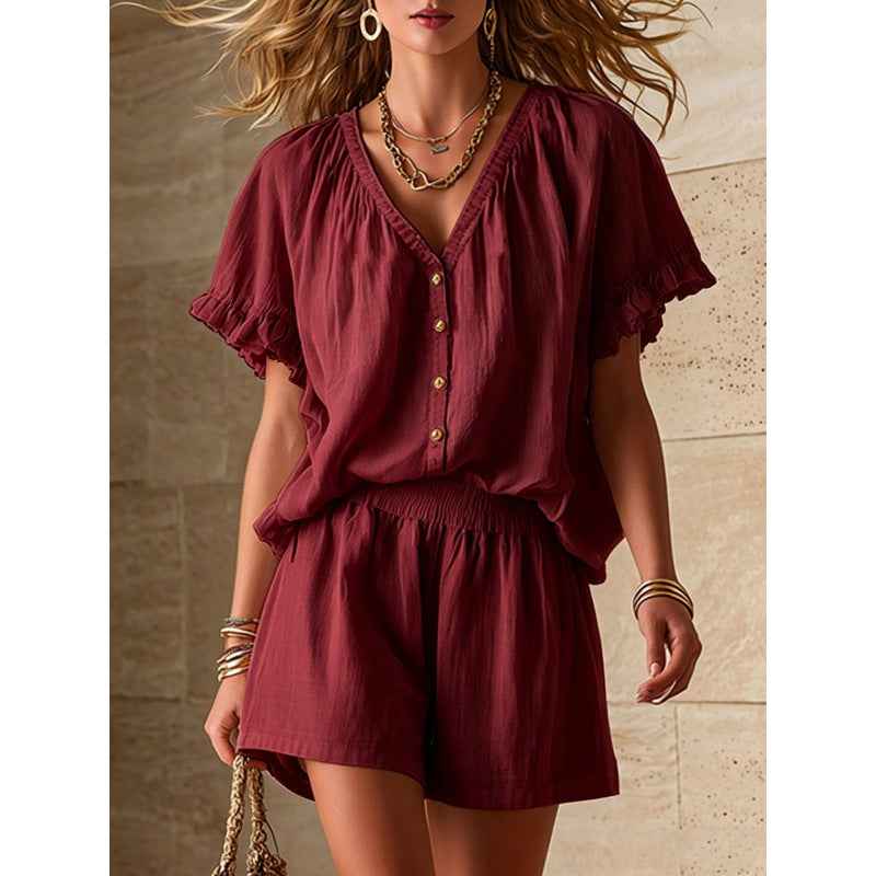 Sleeveless Solid-Color Resort Two-Piece Set — Top & Wide-Leg Pants