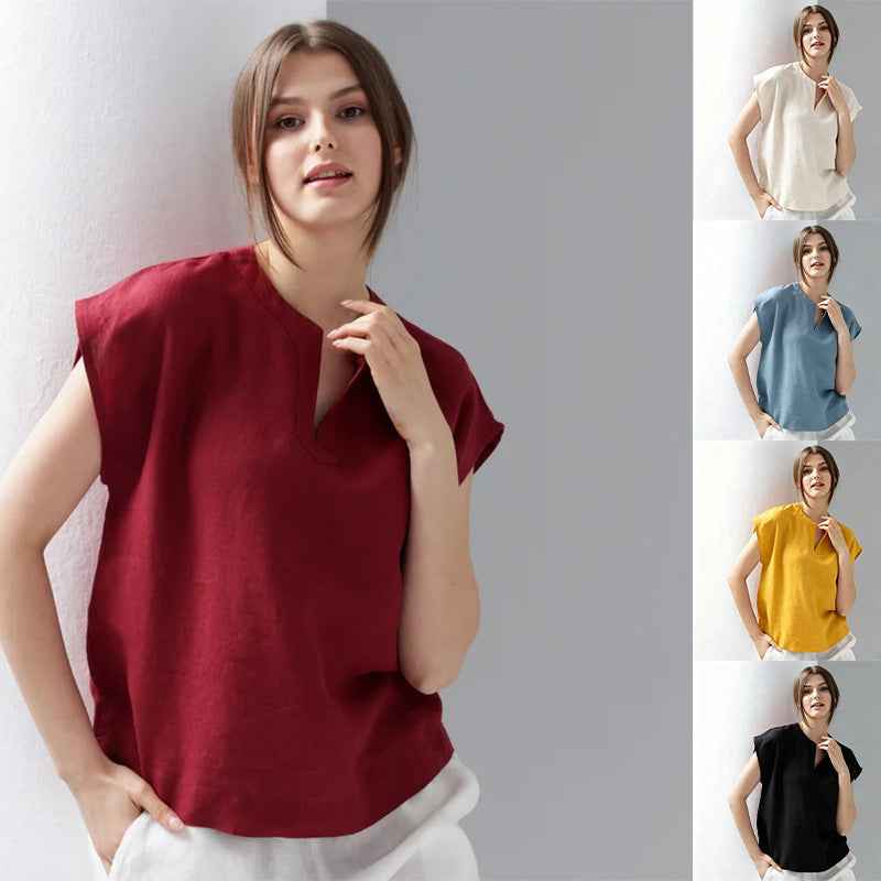 V-Neck Linen Short Sleeve Pullover Top