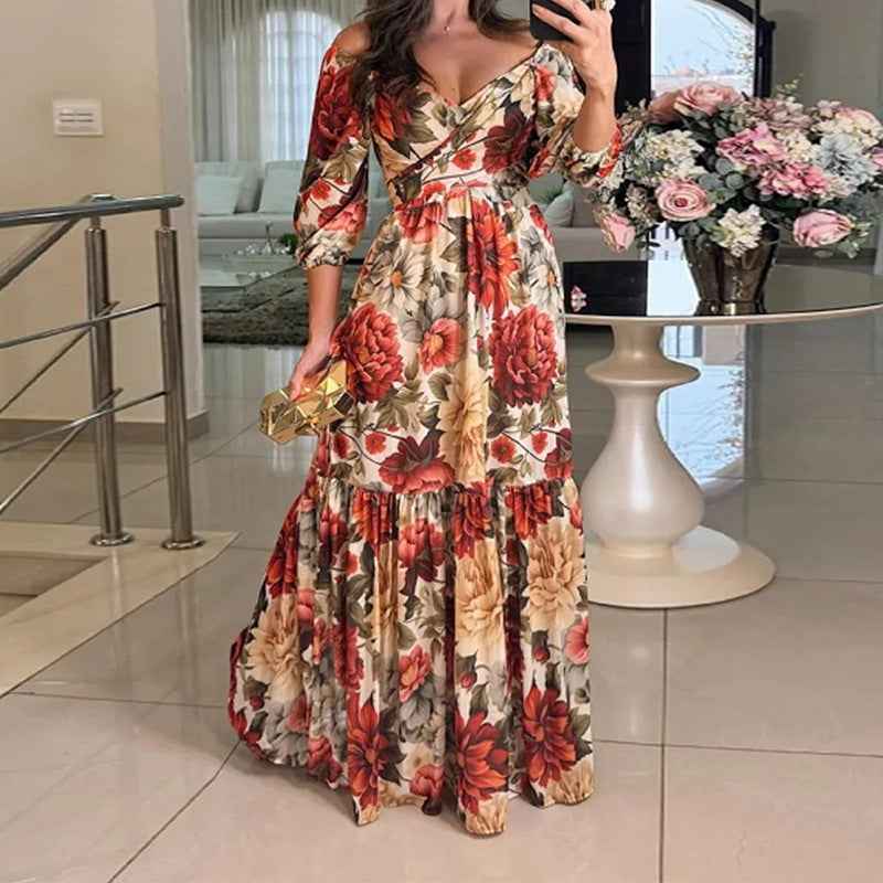 Printed V-Neck Flared Maxi Dress – Elegant Floral & Pattern Styles