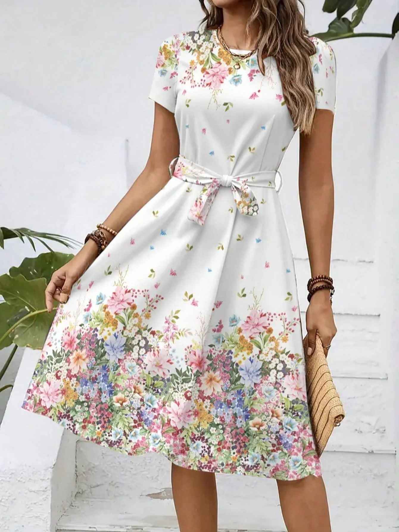 2026 New Women's Casual Printed Dress With Belt, Loose Fit
