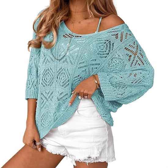 Crochet Hollowed-Out Three-Quarter-Sleeve Pullover Sweater
