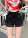 High-Waisted Rhinestone Denim Shorts – Vintage Wash Stretch Denim