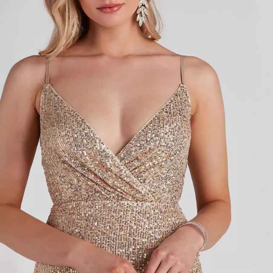 Womens Sexy V-Neck Sequined Bodycon Strap Dress
