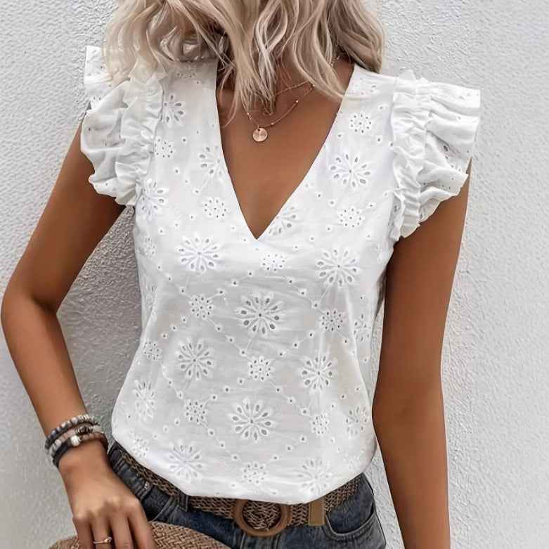 Openwork Ruffle Butterfly Sleeve Top