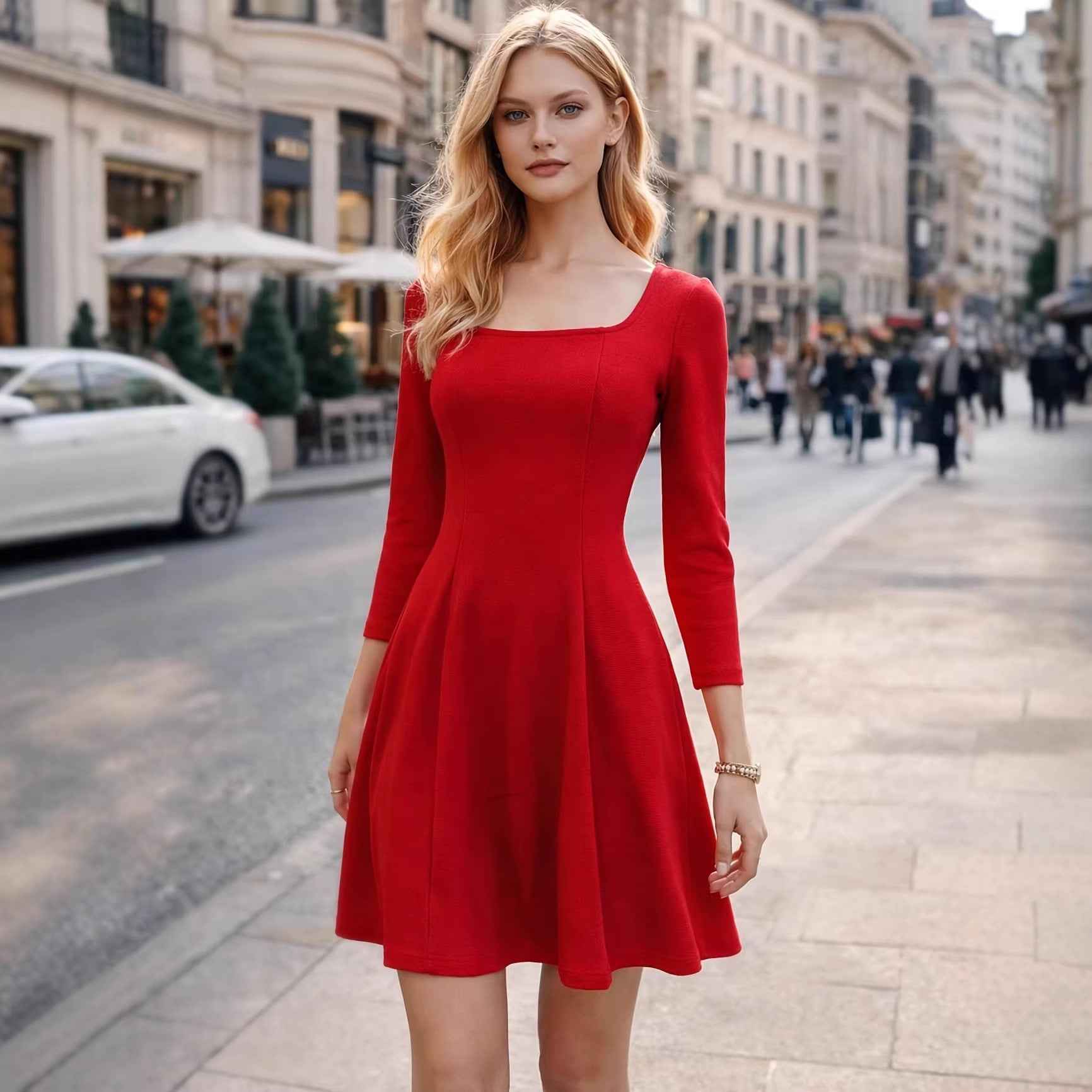 Women's Square Neck Long-Sleeve A-Line Midi Dress — Navy Blue & Red