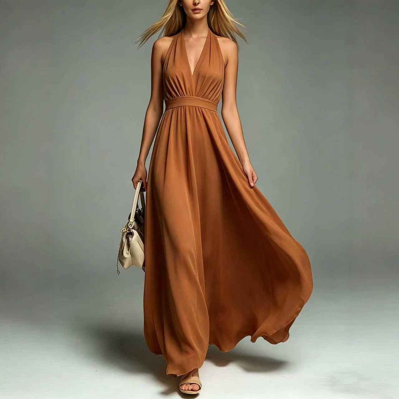 Womens New Solid-color V-neck Sleeveless Waist-cinching Dress