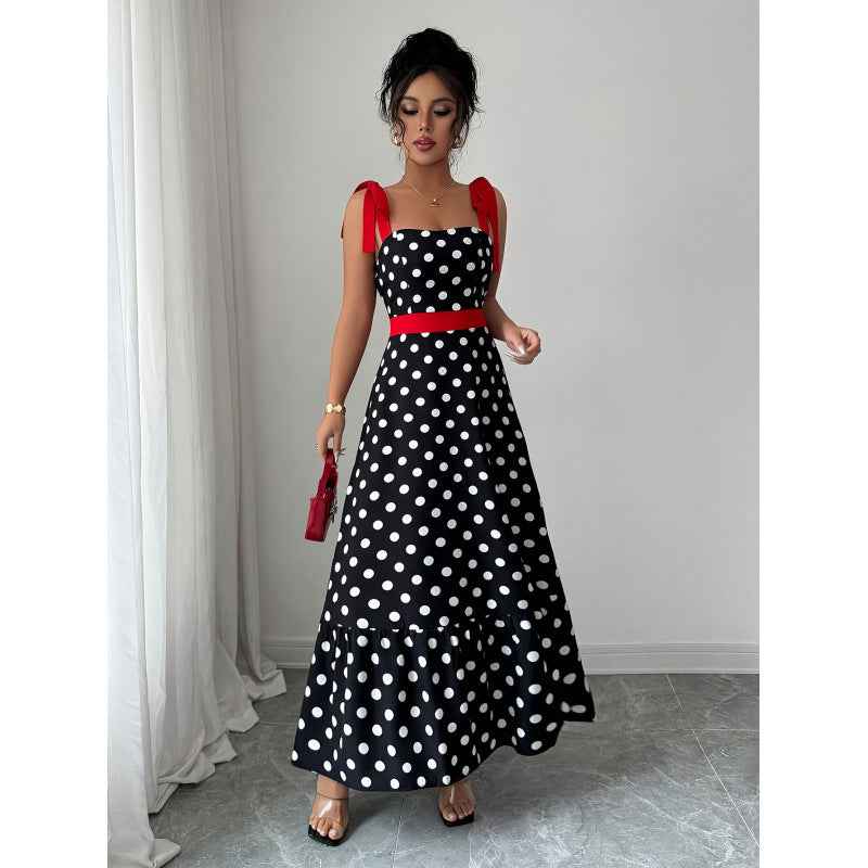 Women's Polka Dot Sleeveless A-Line Maxi Dress — Bow Detail & Color Block