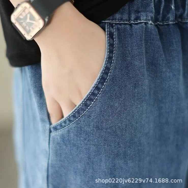 Washed Denim Harem Cropped Pants – High-Waist Retro Capris