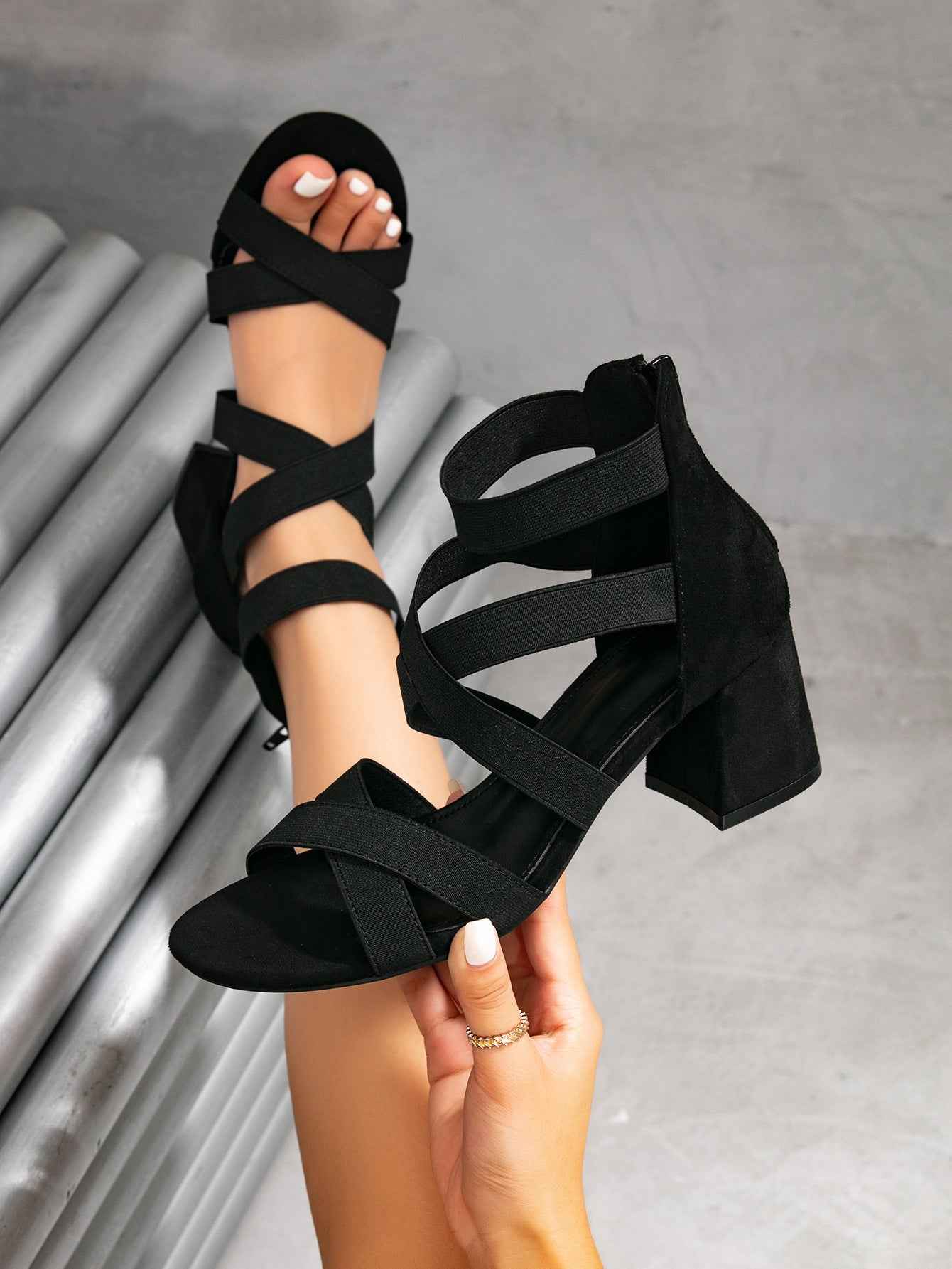 Square-Heel Open-Toe Sandals with Side Cutouts