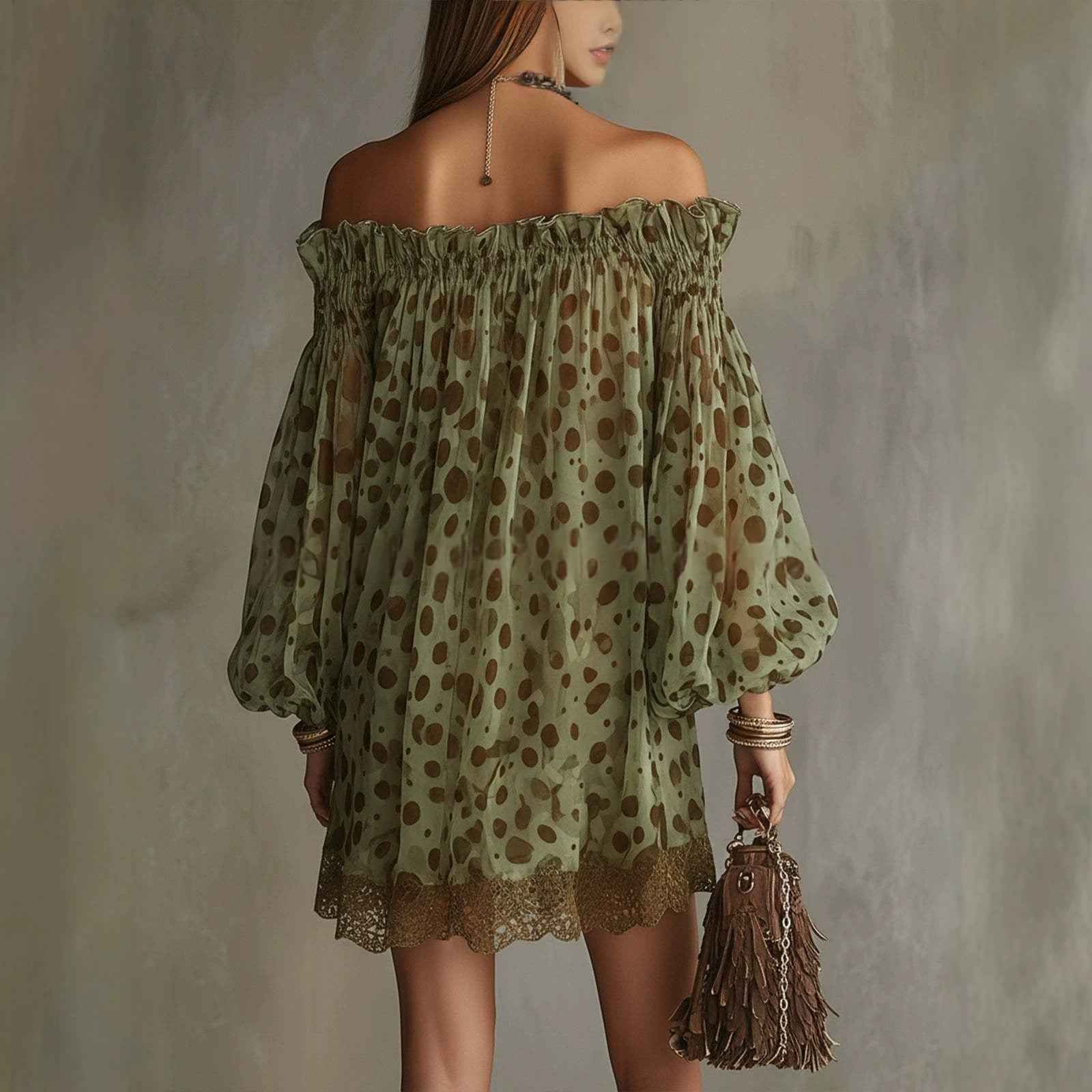 Women's Off-Shoulder Puff-Sleeve Mini Dress — Yellow Green, XS–2XL