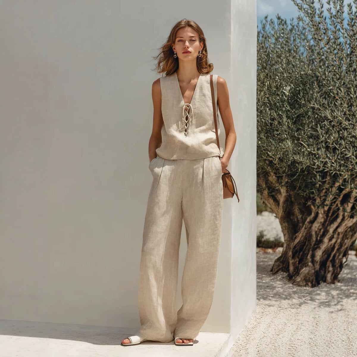 Linen Lace-Up Sleeveless Vest & Wide-Leg Pants Set
