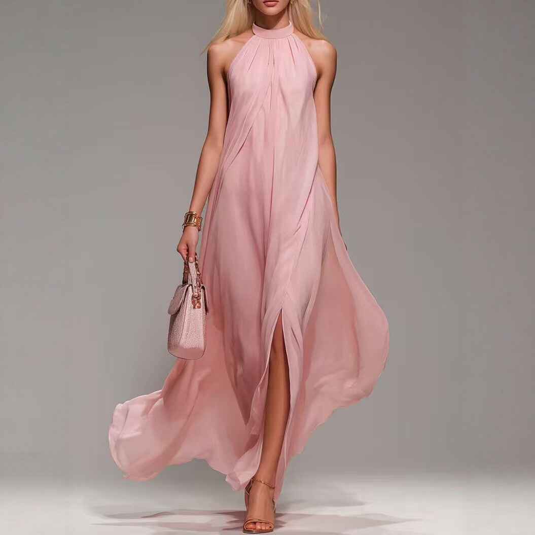 Halter Neck Backless Maxi Dress with Slit & Ribbon Tie