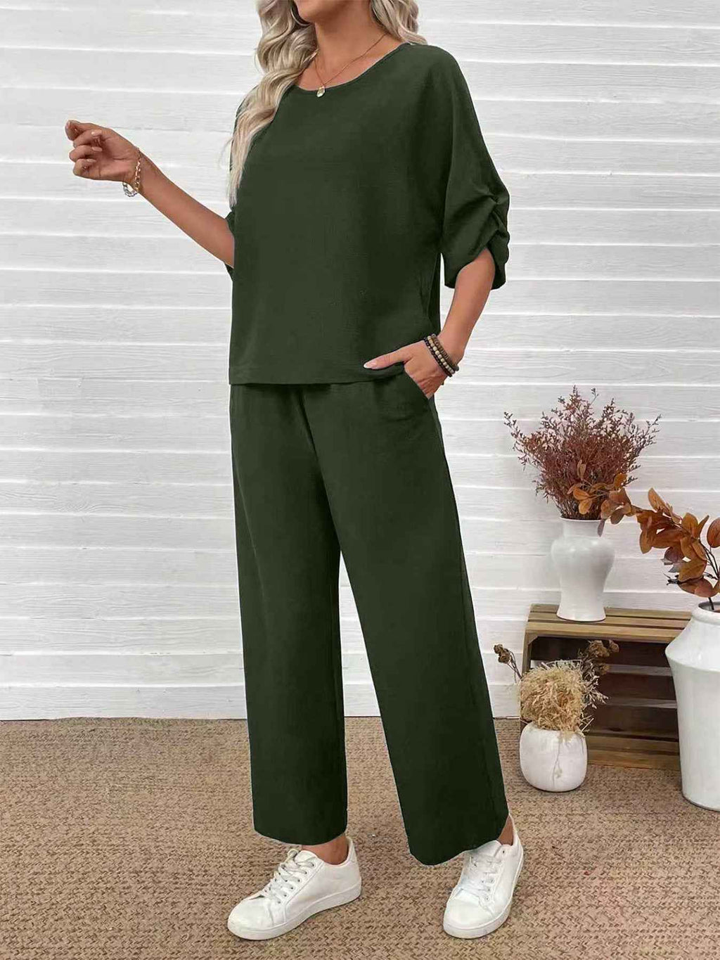 Women's Solid Crew-Neck Top & Wide-Leg Pants Co-Ord Set — 3 Colours