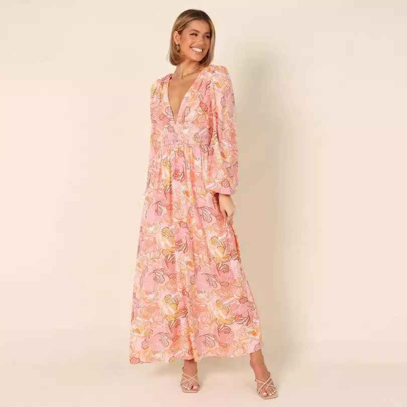 Women's High-Waist Long Dress – Wide Hem, Relaxed Fit | Pink & Green, S–XXL