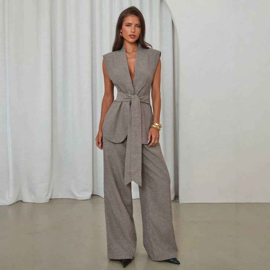 V-Neck Lace-Up Vest & Wide-Leg Pants – Women's Two-Piece Set