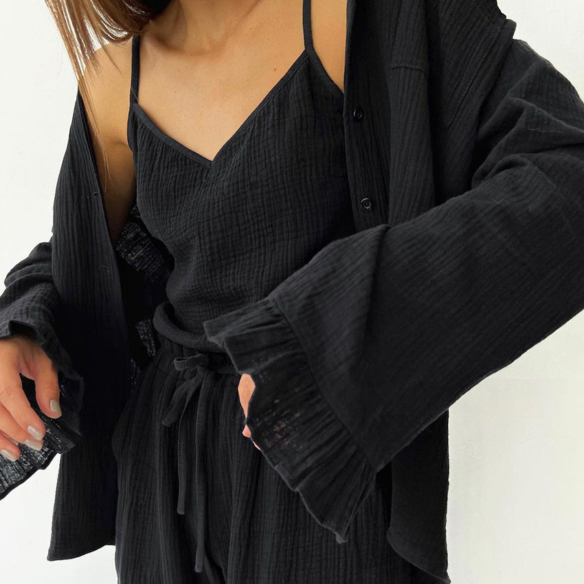 Cotton 3-Piece Loungewear Set — Vest, Coat & Trousers