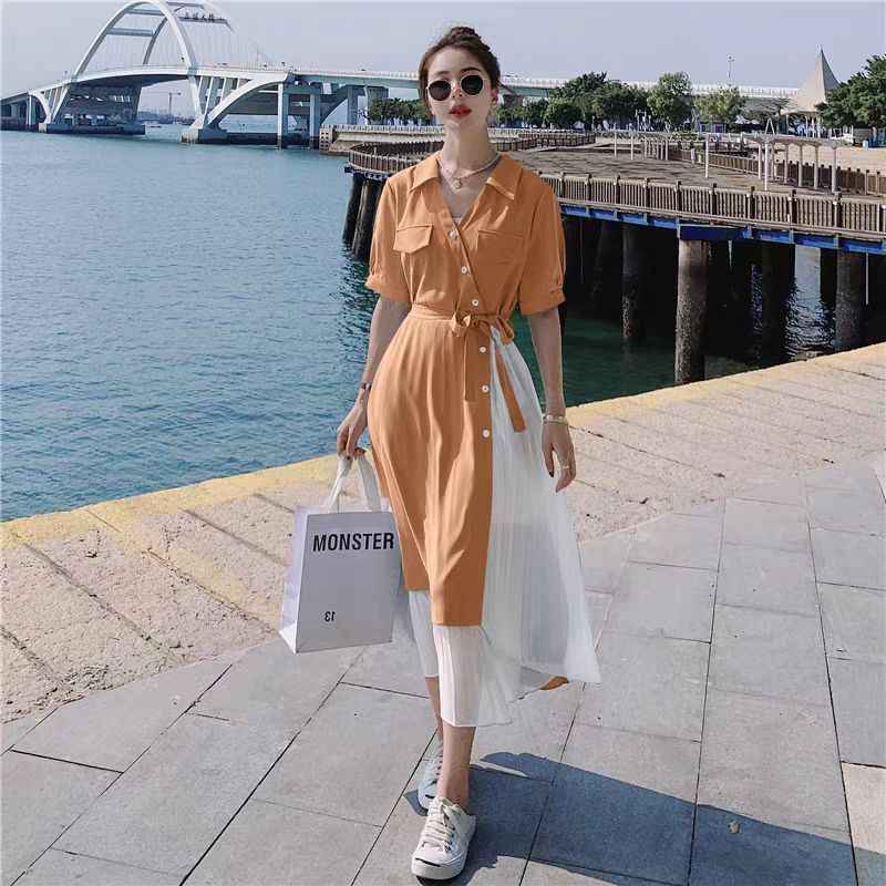 Fake Two-piece Short-sleeve V-neck Midi Dress