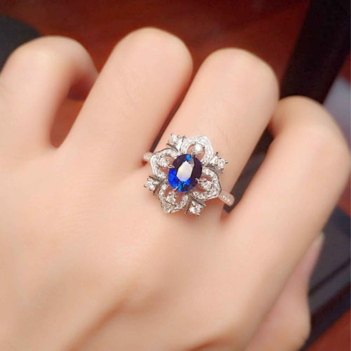 18k Gold plated Blue Diamond Flower shaped Ring With Colored Gemstone Inlay