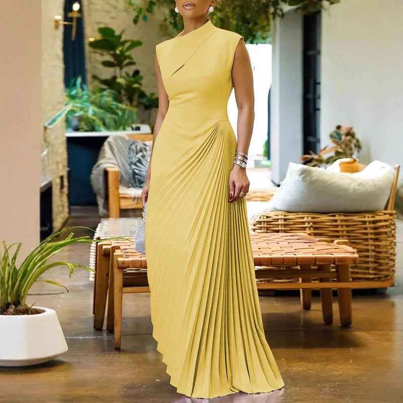 Womens Solid Color Sleeveless Solid-Color Pleated Dress