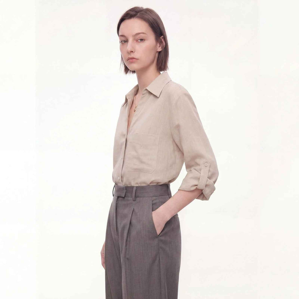 Womens Natural Pure Linen V-Neck Shirt