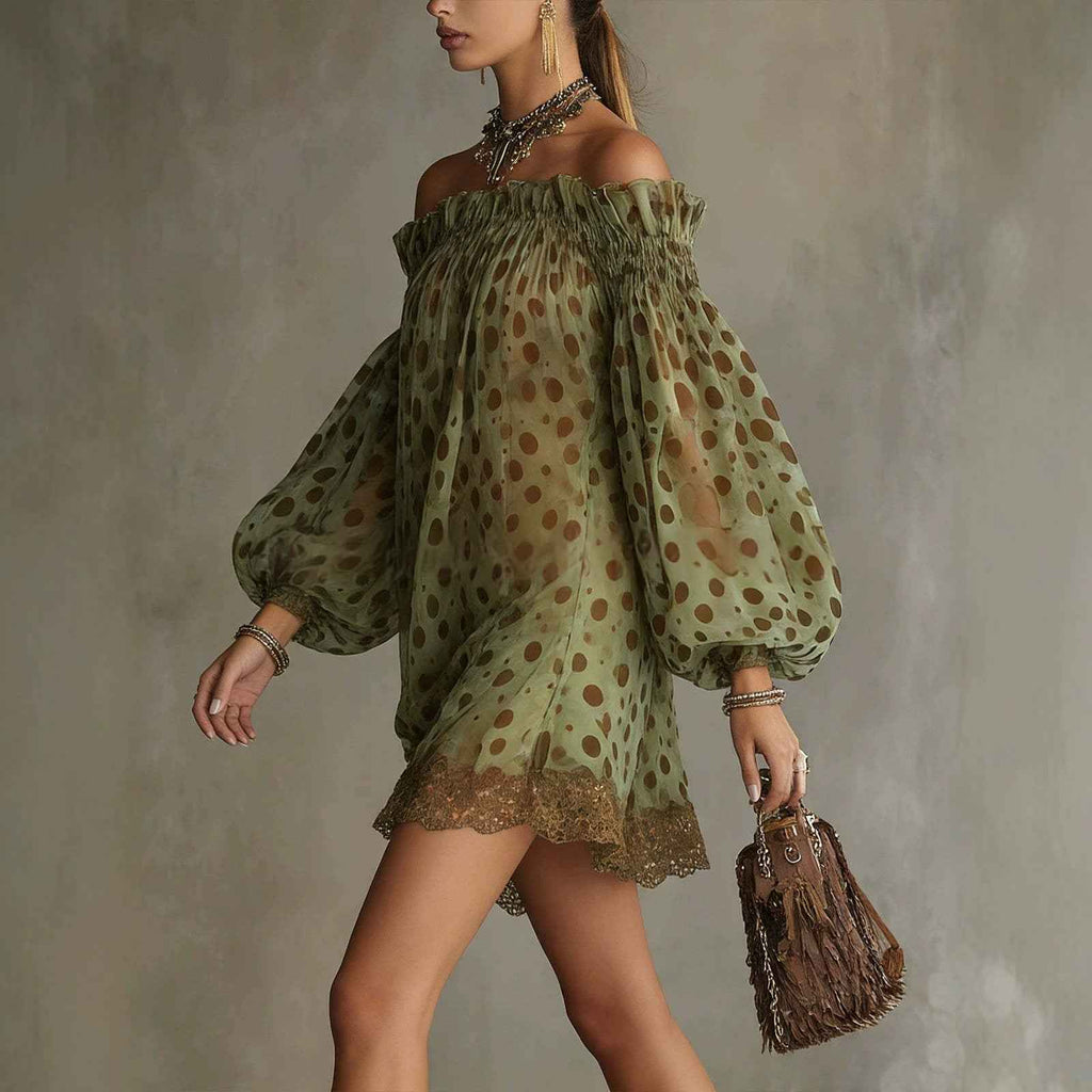 Women's Off-Shoulder Puff-Sleeve Mini Dress — Yellow Green, XS–2XL