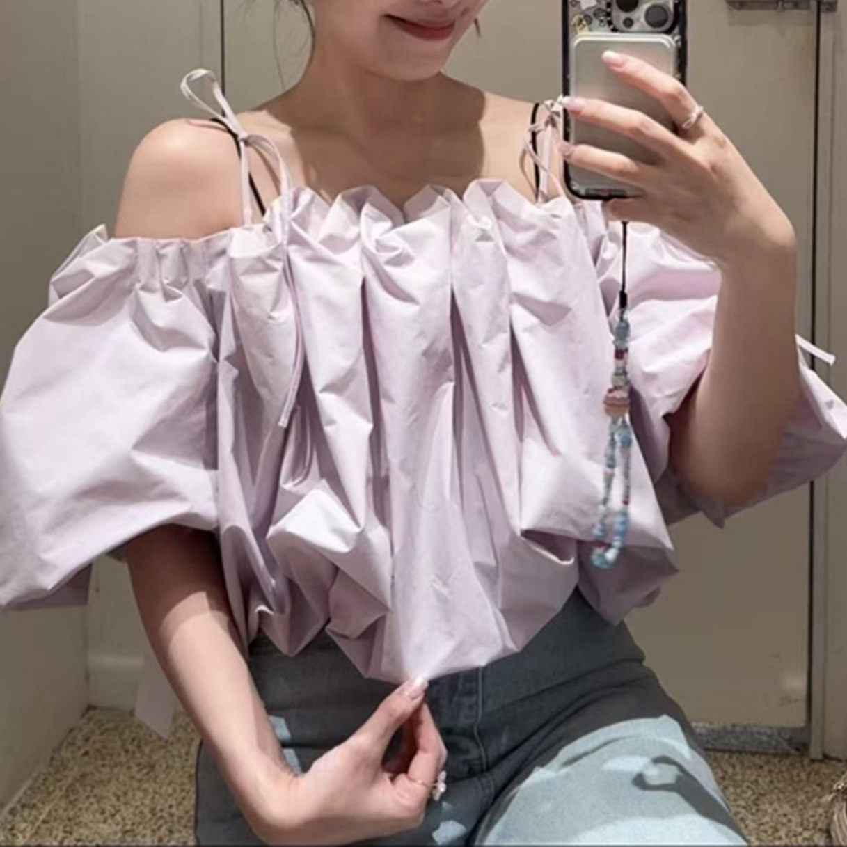 Diamond Pattern Puff Sleeve Camisole Top