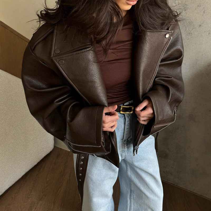 Lace-Up Turn-Down Collar Leather Jacket — Dark Brown