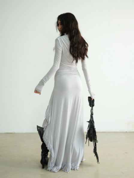Off-Shoulder Lace Maxi Dress — Irregular Hem, Recycled Fibre, Light Gray