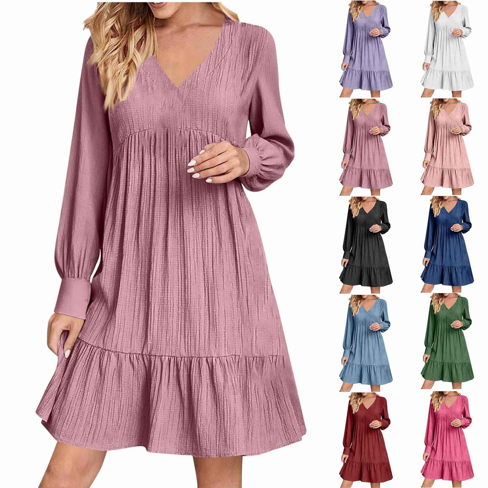 Women's V-Neck Long-Sleeve Patchwork Midi Dress — High Waist & Loose Fit