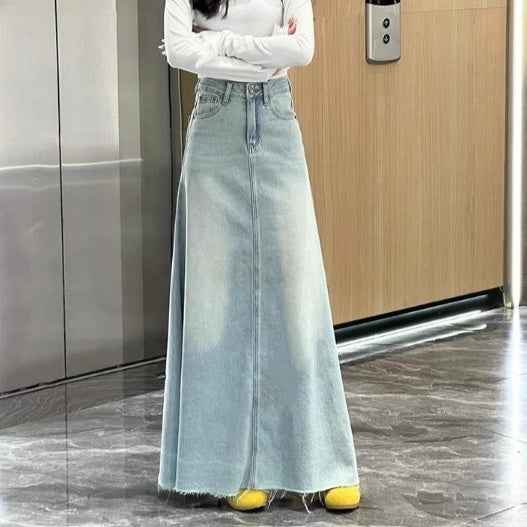 Women's High-Waist Washed Denim Skirt — Straight Leg, Cropped, Retro Blue