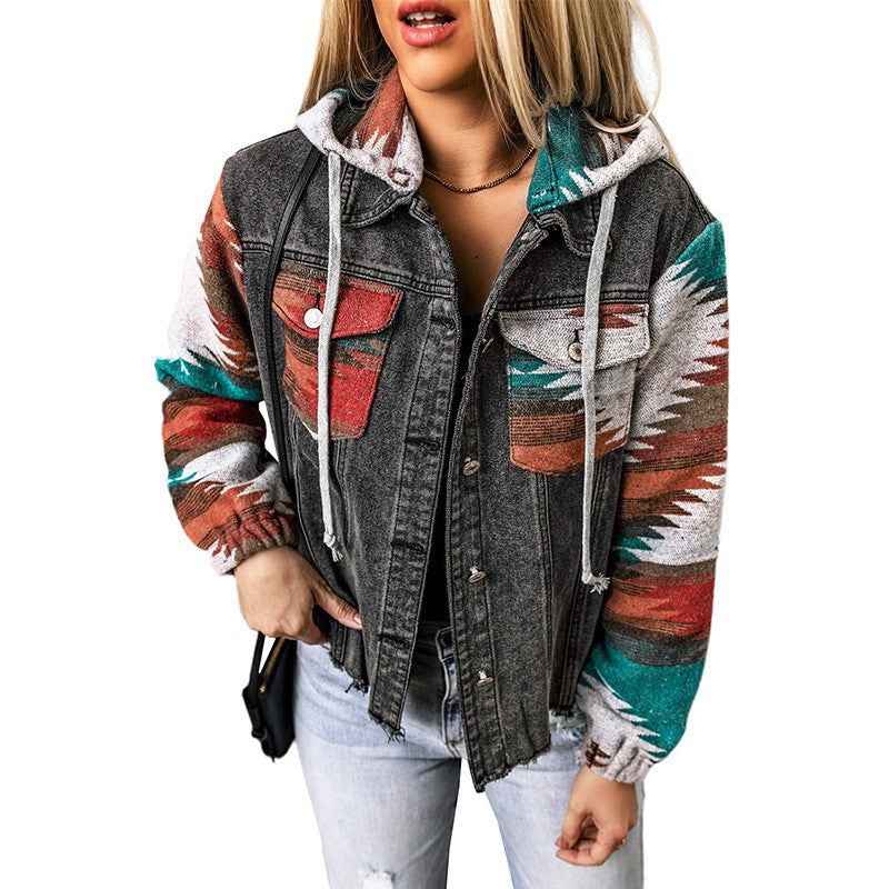 Women's Hooded Denim Patchwork Coat – Contrast Colour | Black & Blue
