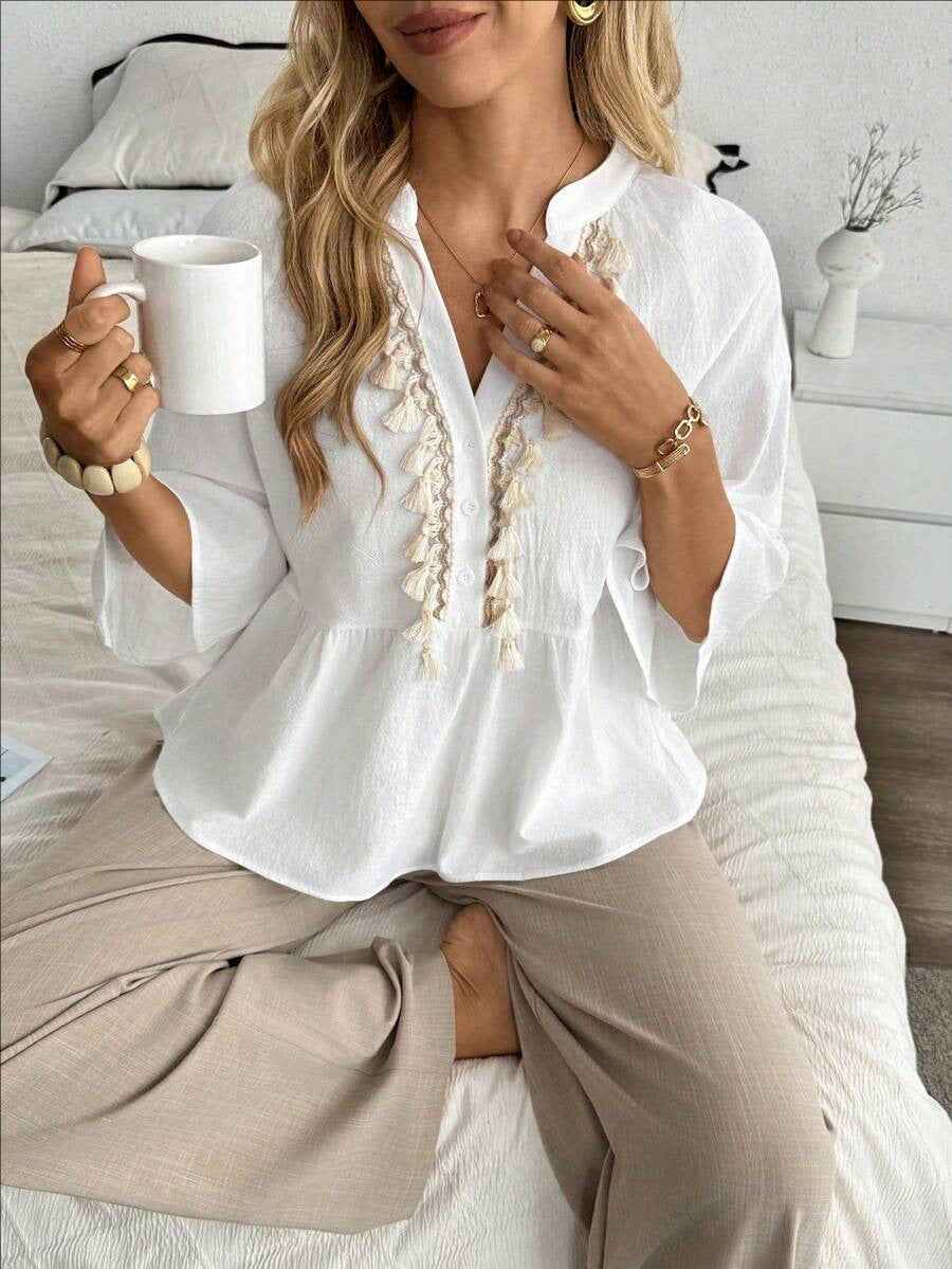 V-Neck Blouse with Button Detail & Tassel Tie – Relaxed Fit