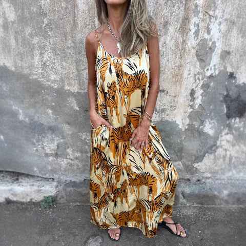 Animal Print Strap Maxi Dress – Open Back, Bohemian, Relaxed Fit