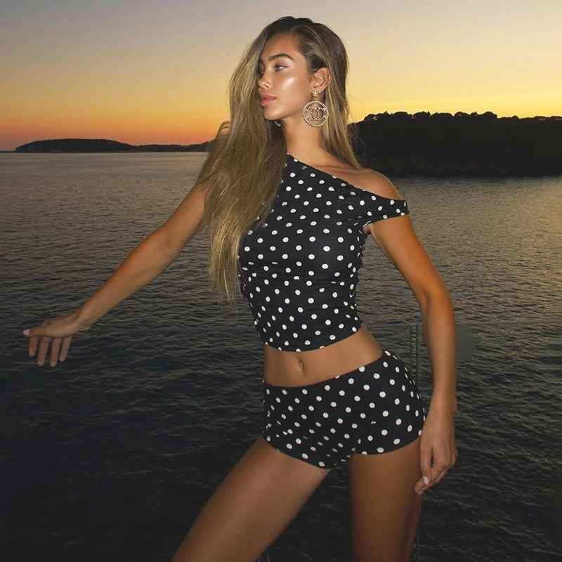 Women's Polka Dot Crop Top & Bodycon Shorts Co-Ord Set — Black