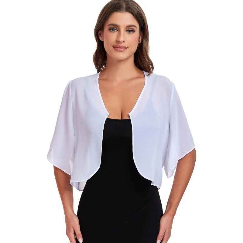 New Womens Chiffon Top Solid Color Short Sleeves Open-front Lightweight