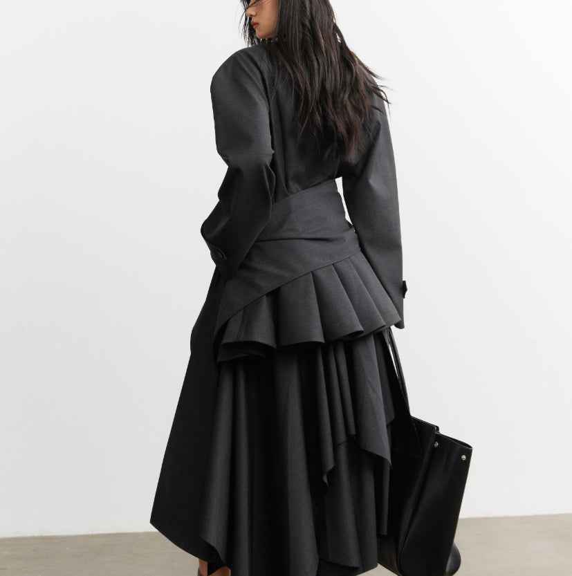 Flounced Hem Tailored Blazer – Belted, Dark Gray