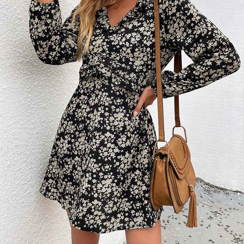 Womens Dress European And American Style V-neck Floral-print One-piece