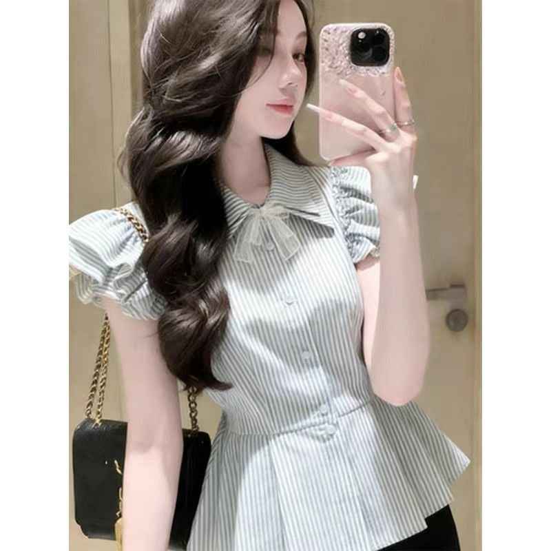 Women's Striped Satin Blouse — Flutter Sleeves, Mock Two-Piece