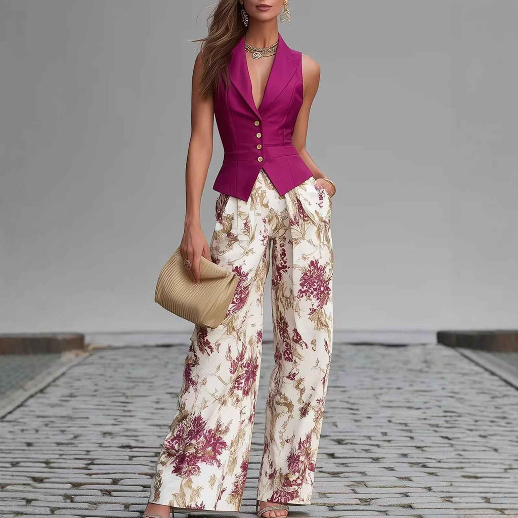 Women's Printed Buttoned Vest & Wide-Leg Pants Set — XS–2XL