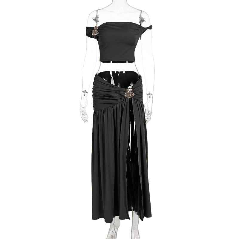 Sleeveless Top & Ruffle-Trim Slit Pleated Midi Skirt Two-Piece Set