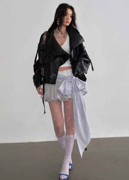 Women's 3D Ruffle Stand-Collar Faux Leather Jacket — Black, S–L