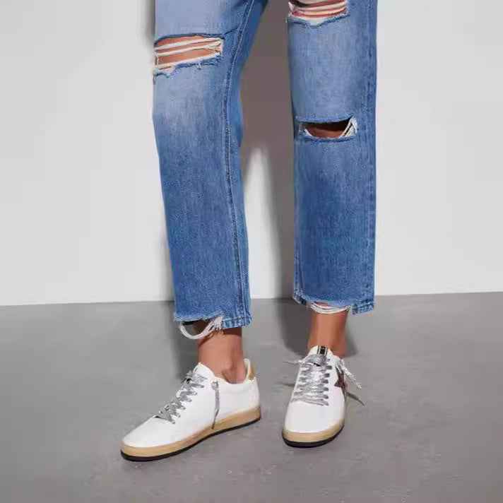 High-Waist Distressed Straight-Leg Jeans