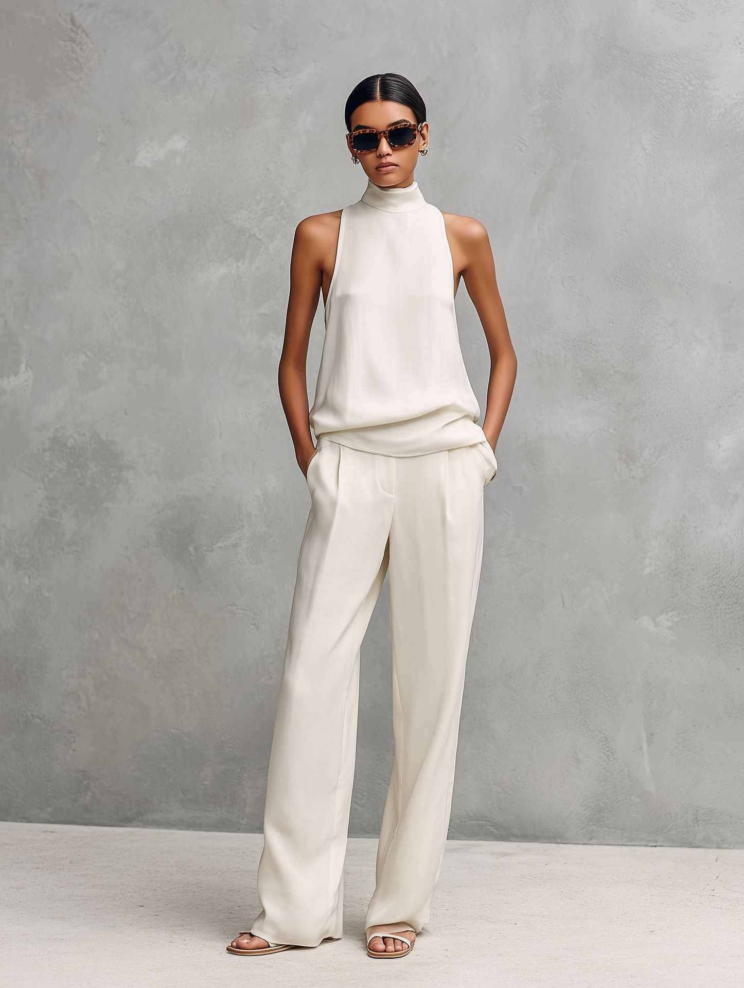 Turtleneck Vest & Wide-Leg Trousers Set – Sleeveless Two-Piece