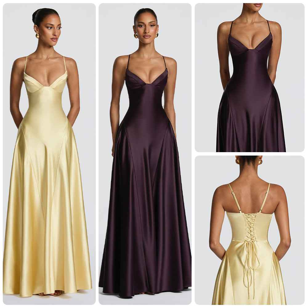 Satin Strapless Waist-cinching Maxi Evening Gown With A Deep V-neck And A Full Skirt In Satin