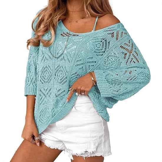 Crochet Hollowed-Out Three-Quarter-Sleeve Pullover Sweater