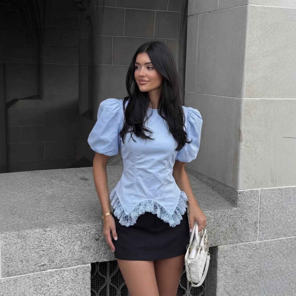 Puff Sleeve Flared Hem Top – Wrinkle-Resistant Short Sleeve Blouse