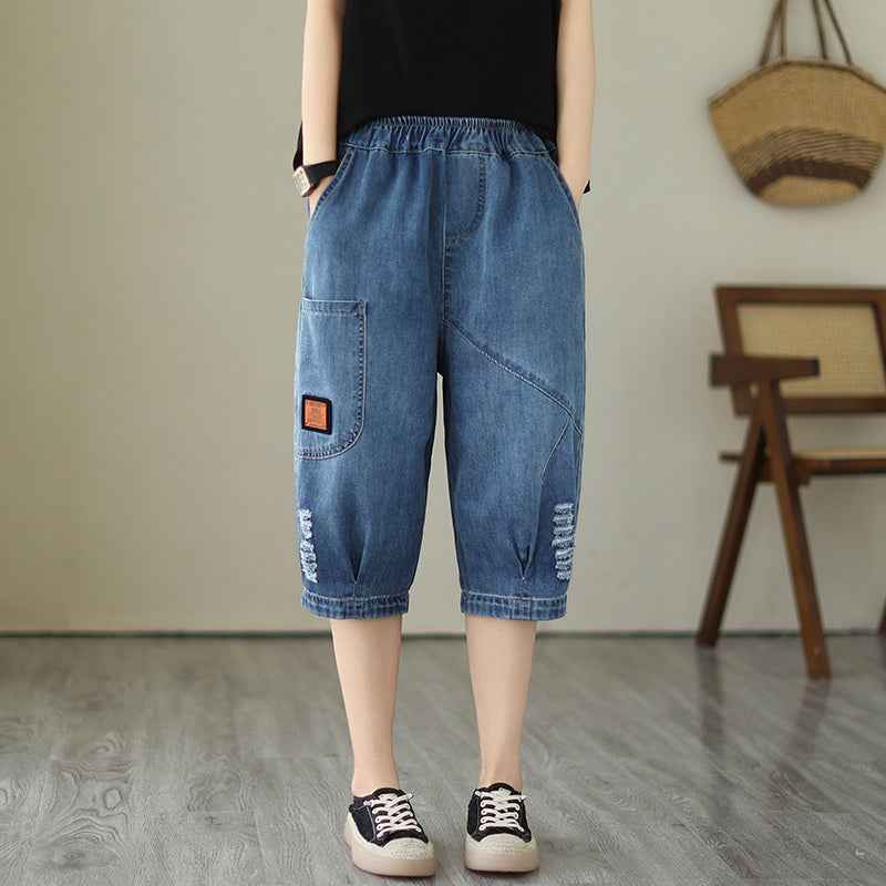 Washed Denim Harem Cropped Pants – High-Waist Retro Capris