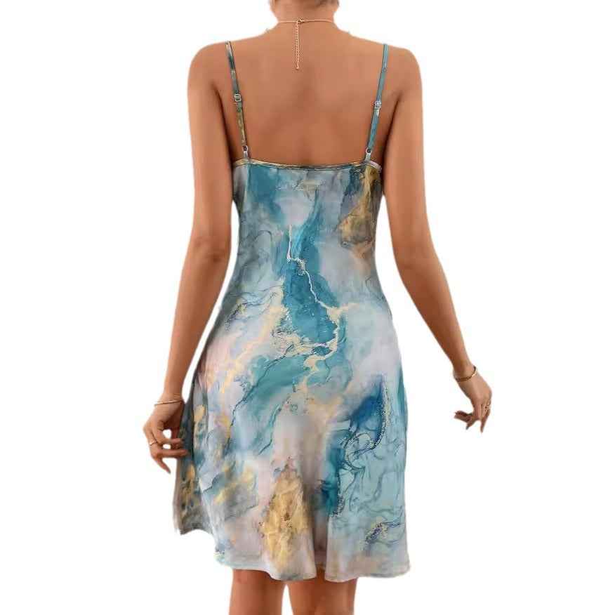 3D Embossed Print Waist-Tied Sleeveless Midi Strap Dress
